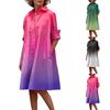 Women's Gradient Printed Shirt Collar Long-sleeved Pocket Mid-length Dress