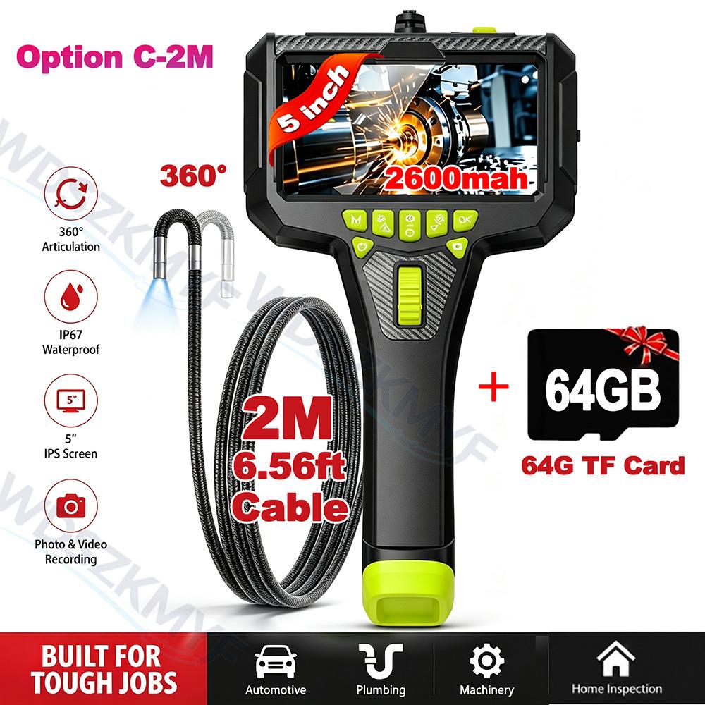 5" IPS 360° Articulating Borescope,6mm Snake Tube IP67 Waterproof Industrial Endoscope 64G for Auto Engine Pipe HVAC Inspectio
