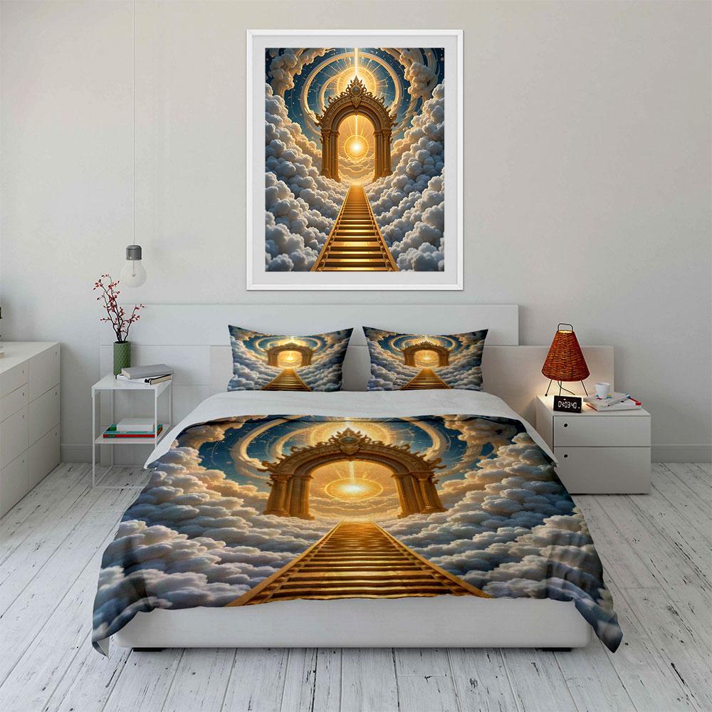 Golden Stairway and Radiant Gate in Heaven Print Soft Comfortable Duvet Cover Bedding Set Included 1*Duvet Cover 2*Pillowcases