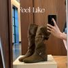 Inner Height Increasing Leather Retro Pile Western Cowboy Boots Round Head Strap Soft Folds Skinny Medium Boots Women