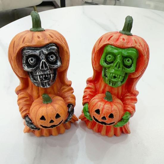 Halloween Pumpkin Ghost Statue Cartoon Skeleton Pumpkin Man Resin Figurine Sculpture Holiday Party Desktop Decoration Ornament