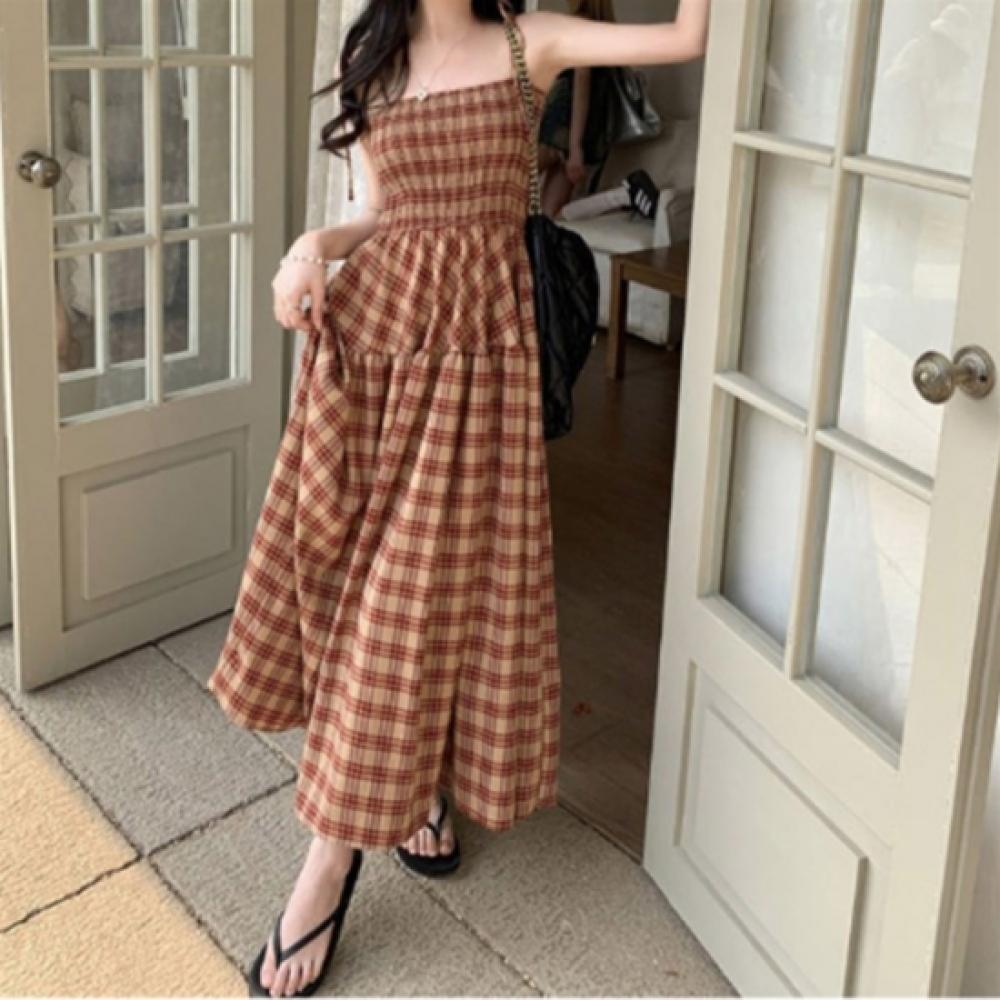 New ArrivAlS Open Run Women S Check PAttern buStier A Line Long dreSS