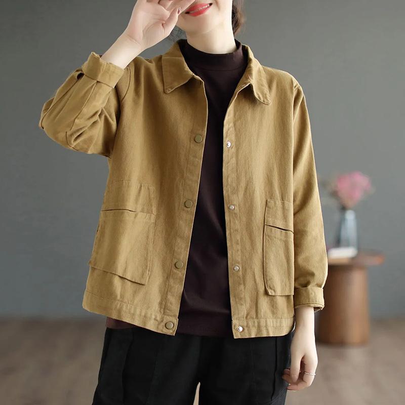 Cotton Jacket Women Autumn Short Casual Button Jacket Loose Simple Large Size Long Sleeve Tops