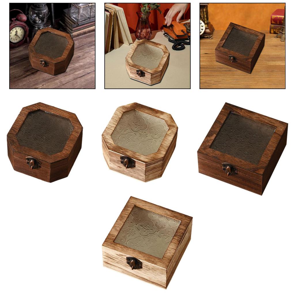 Wooden Storage Box Ornament,with Glass Lid Organizer,Keepsake Box Stashbox for Bedroom Entryway Kitchen Living Room Jewelry