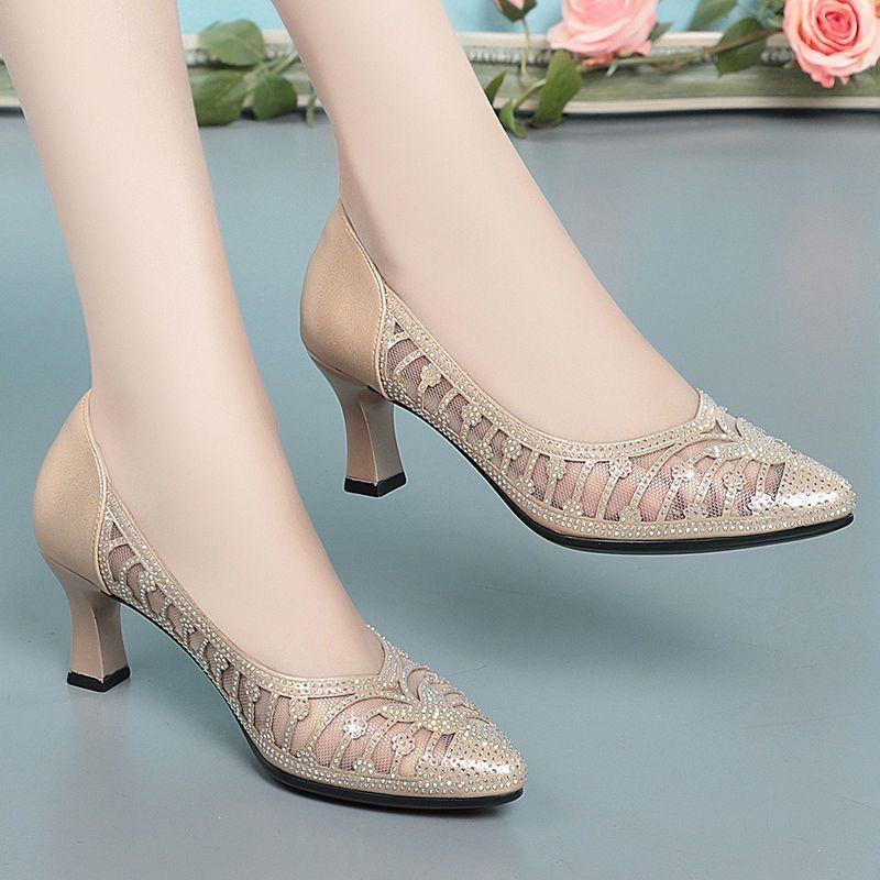 Дышащие туфли на высоком каблуке для женщин, летние женские сандалии Baotou Mesh Rhinestone Hollow