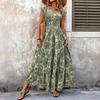 Women's Boho Floral Print Maxi Dress Short Sleeve V Neck Long Dress Summer Smocked Waist Swing A-line Sundress