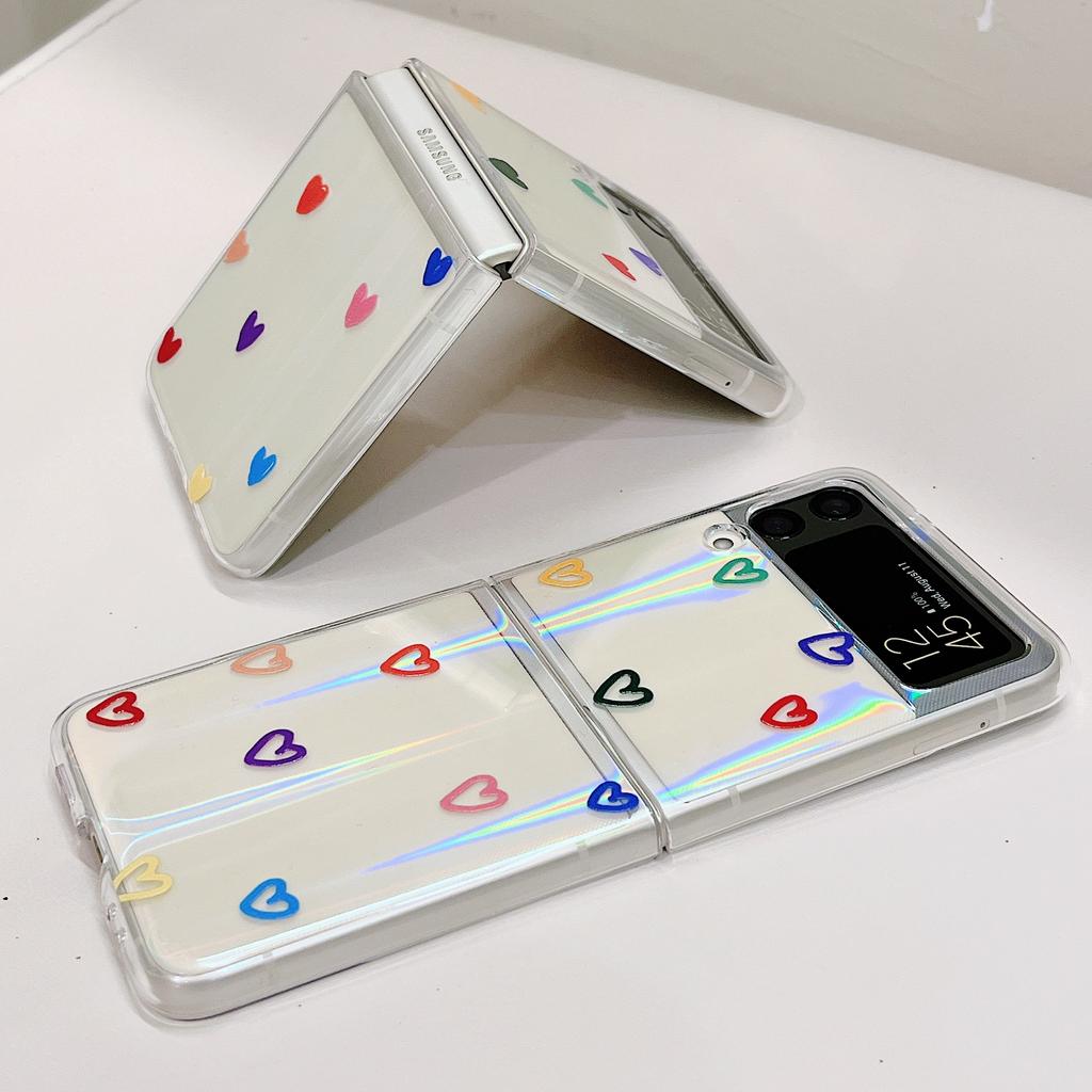 For Samsung Galaxy Z Flip 3 Case Korean Colorful Heart For Samsung Z Flip 4 Zflip4 Luxury Hard Pc Clear Cover With Laser Jam