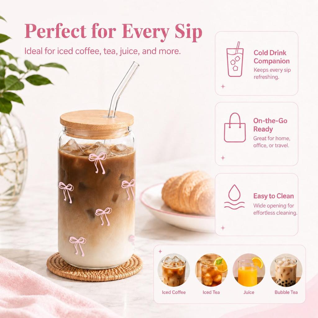 With lid with straw bow decorative glass with cleaning brush 470ml transparent