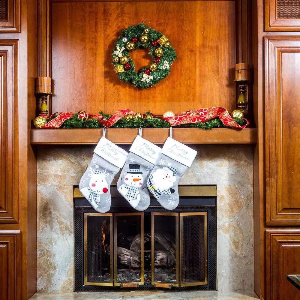 2025 Christmas Stockings for Cheerful Celebrations Grey Xmas Tree Ornament with Candy Bag Holiday Gift Decoration