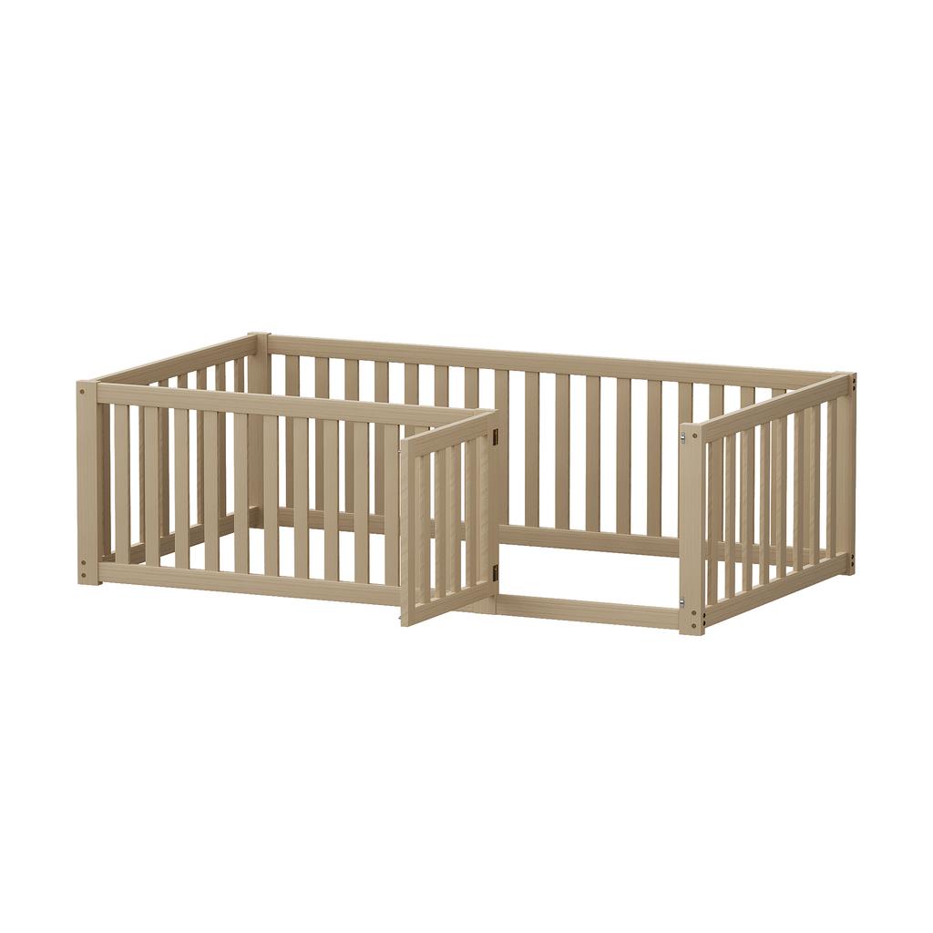 Kids' Bed 90 x 200, Wooden Floor Bed Frame with Fence and Door