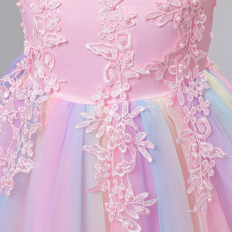 Girls Luxury Rainbow Tulle Lace Flower Bridesmaid Wedding Party Dresses Children Colorful Graduation Ceremony Costume
