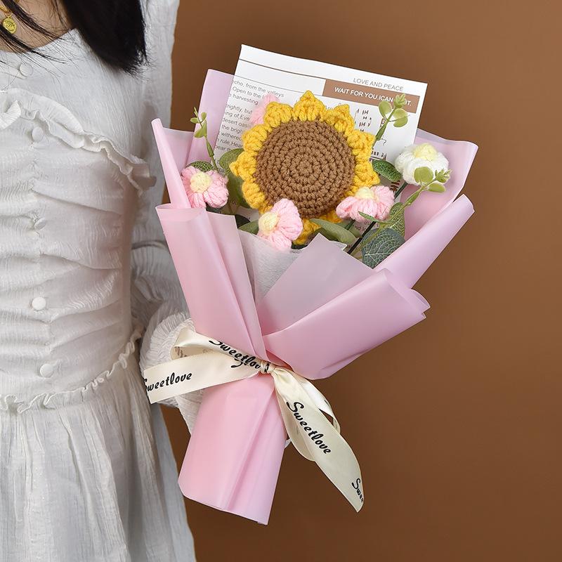 Букет подсолнухов и роз ручной вязки - со светодиодной подсветкой и подарочным пакетом, подарок на День благодарения