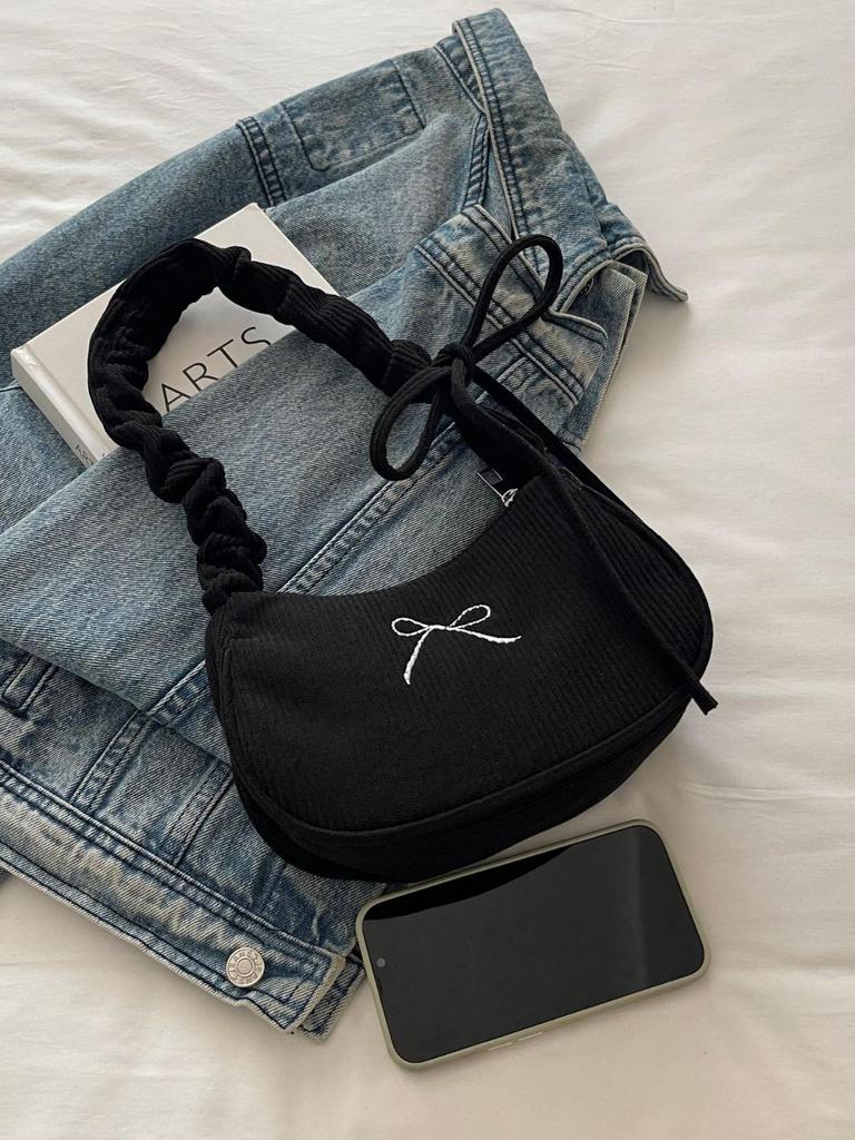 2025 Осень Женская Модная Плиссированная Сумка-тоут—Маленькая Квадратная Вышитая Бантом Сумка на Плечо и Подмышку