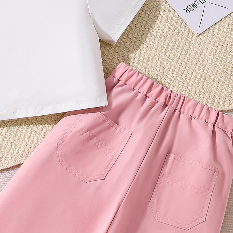 Костюм для девочки 8-12 лет, детская одежда, летние новые повседневные рабочие брюки с большими карманами + топ с короткими рукавами, комплект из 2 предметов, брюки для девочек