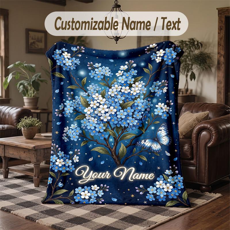 Floral Nature Illustration Theme Throw Blanket Custom Name Text Personalized Blanket Soft Cozy Blanket for Home Sofa Bed