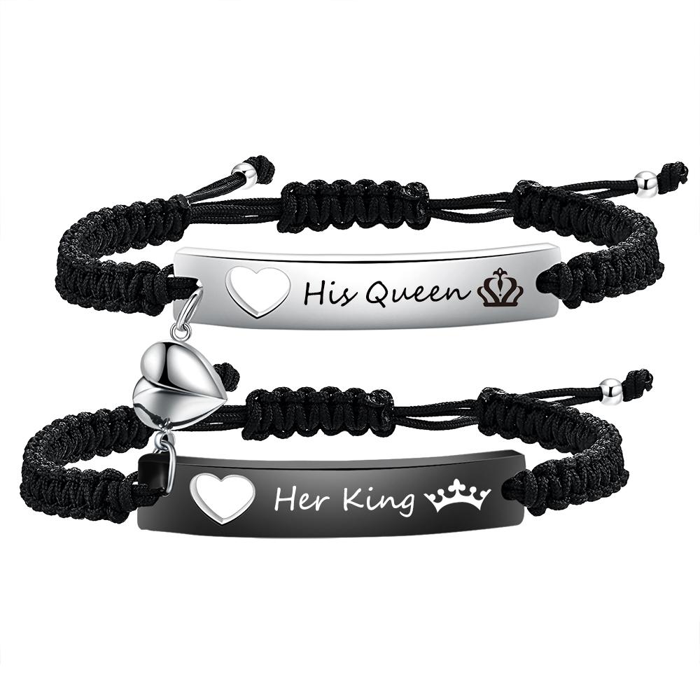 Long smooth surface engraved bracelet fashionable hand-woven heart hollowed-out magnetic stainless steel couple bracelet
