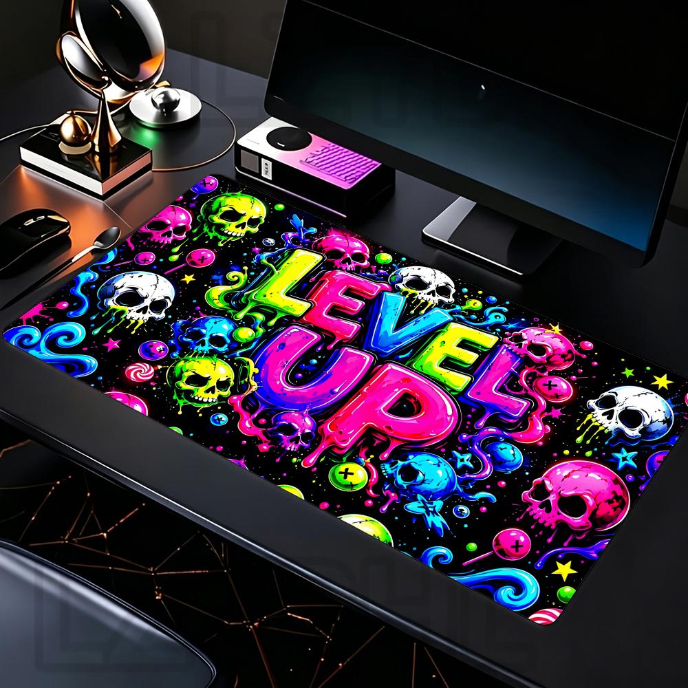 Neon Graffiti Level Up Skull Mouse Pad XXL Large Anti-Slip Rubber Esport Gaming MousePad Durable Office Gamer Long Desk Mat