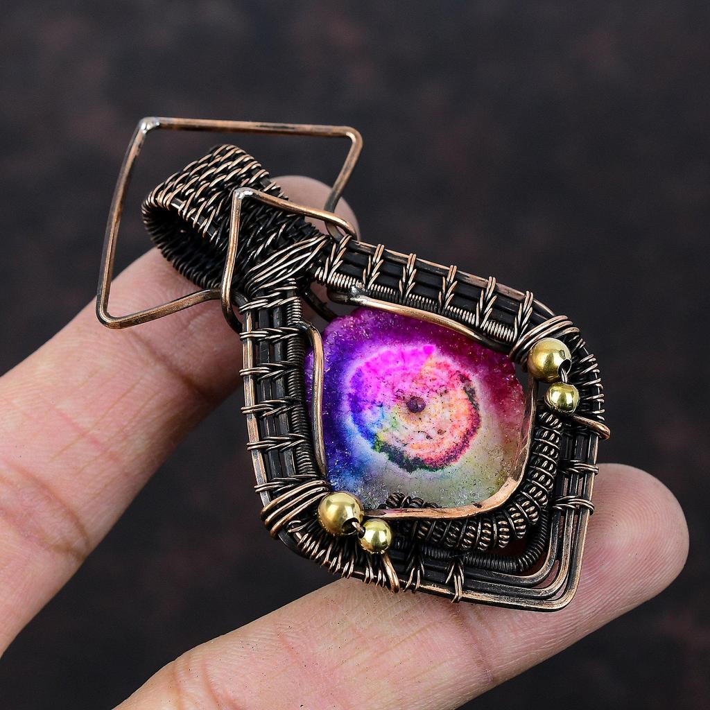 Rainbow Solar Quartz Druzy Pendant Copper Wire Wrapped Pendant Handmade Ethnic Pendant Copper Jewelry Gemstone Pendant Special Occasion Gift