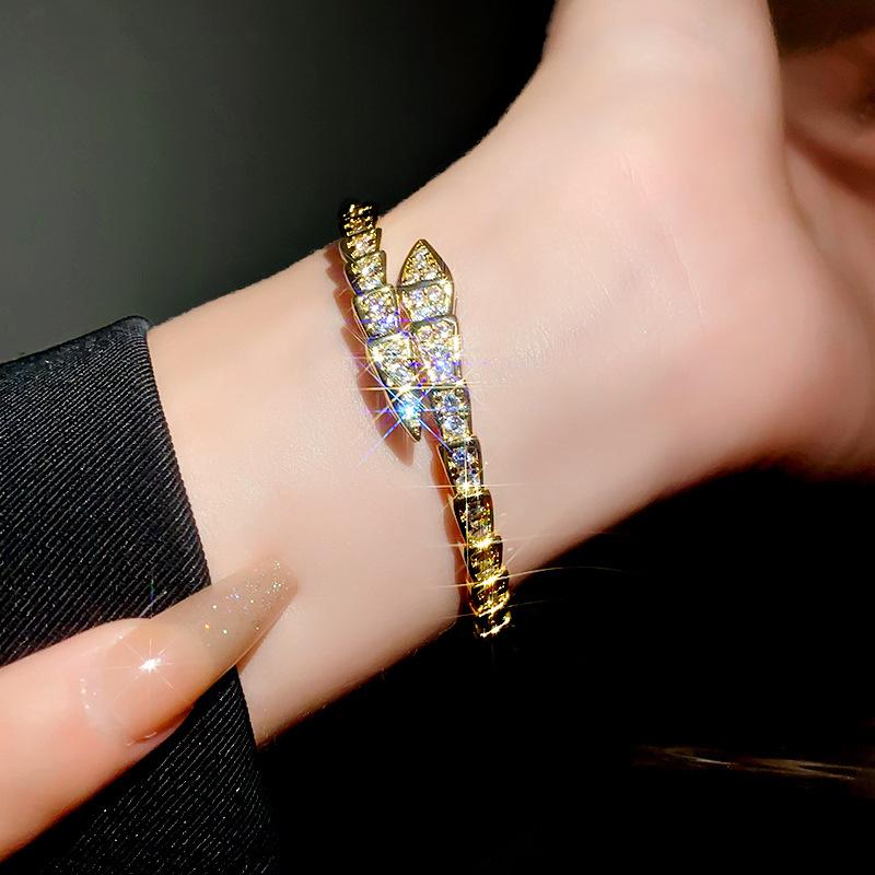 Snake-Shaped Geometric Zircon Open-Ended Bracelet Affordable Luxury Fashion High-Grade Bracelet Niche Temperament All-Match Jewelry Women