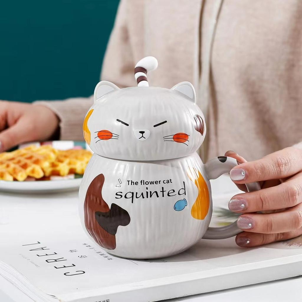 Cute 3D Cat Ceramic Mug with Lid Couple Coffee Milk Tea Water Cup Large Capacity Office Breakfast Cups Household Drinkware