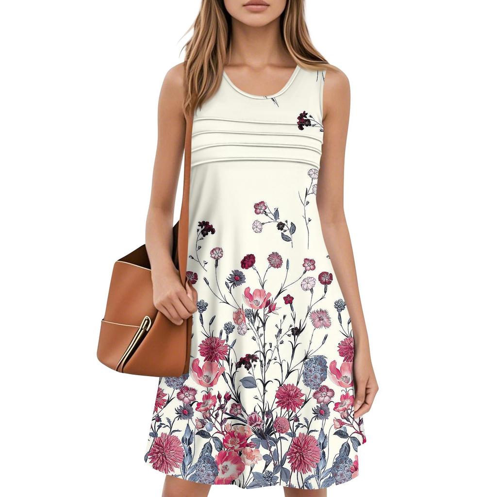 Женские летние платья с круглым вырезом, плиссировкой спереди, без рукавов, карманами, сарафаном, повседневным платьем