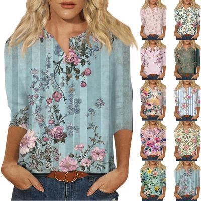 Женский свободный повседневный топ с рукавом семь четвертей и цветочным принтом с круглым вырезом на пуговицах