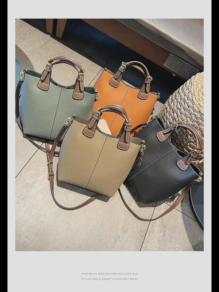 2023 Women's Genuine Leather Bucket Bag - Trendy Large-Capacity One-Shoulder Tote & Commuter Handbag
