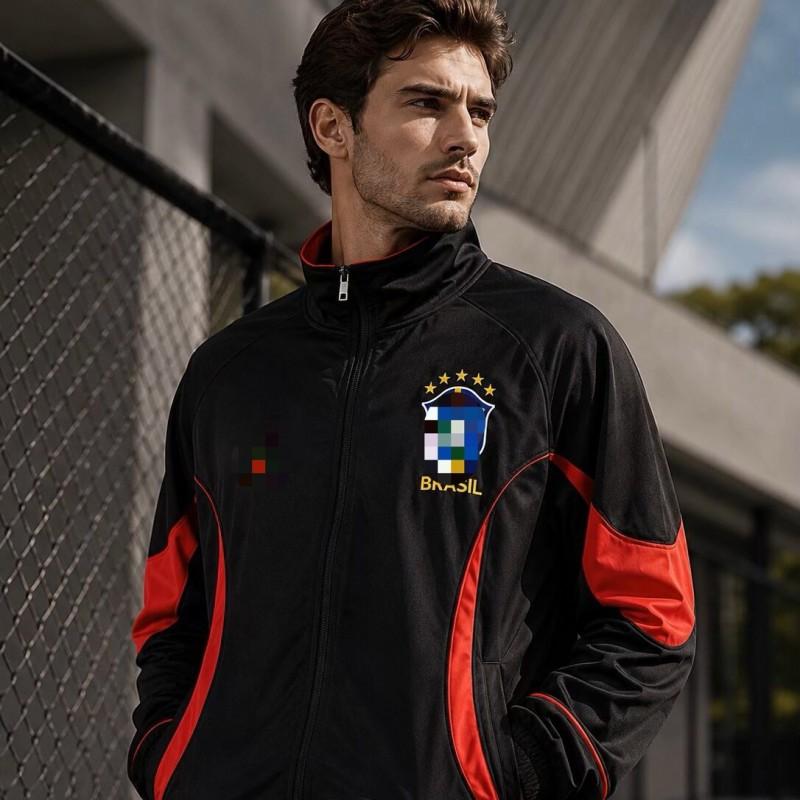 Unisex Red Black Colorblock Sport Jacket Windproof Training Coat Football Soccer Practice Casual Wear