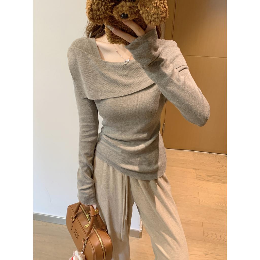 Chic One-word Shoulder Knitted Bottoming Shirt Women's Spring Slim-fit Spice Girls Irregular Inner Top Temperament Sweater