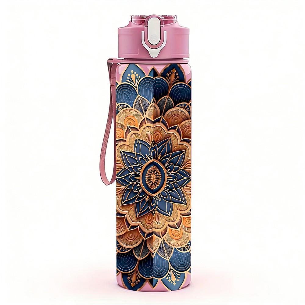 1PC Bohemian Mandala Flower Art Print 750ml Color Plastic Sports Water Bottle Leakproof Flip Straw Lid Suitable for Sports Office Home Use