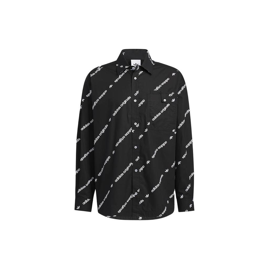 Adidas Originals Trefoil Print Letter Snap Button Long Sleeve Shirt Unisex Tops Black HU1229