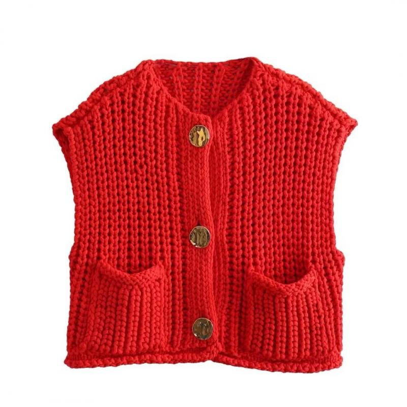Fashion Women Knit Cardigan Vest Casual Red Sleeveless O-neck Metal Button Sweater Tank Top Lady High Street Knitted Waistcoat