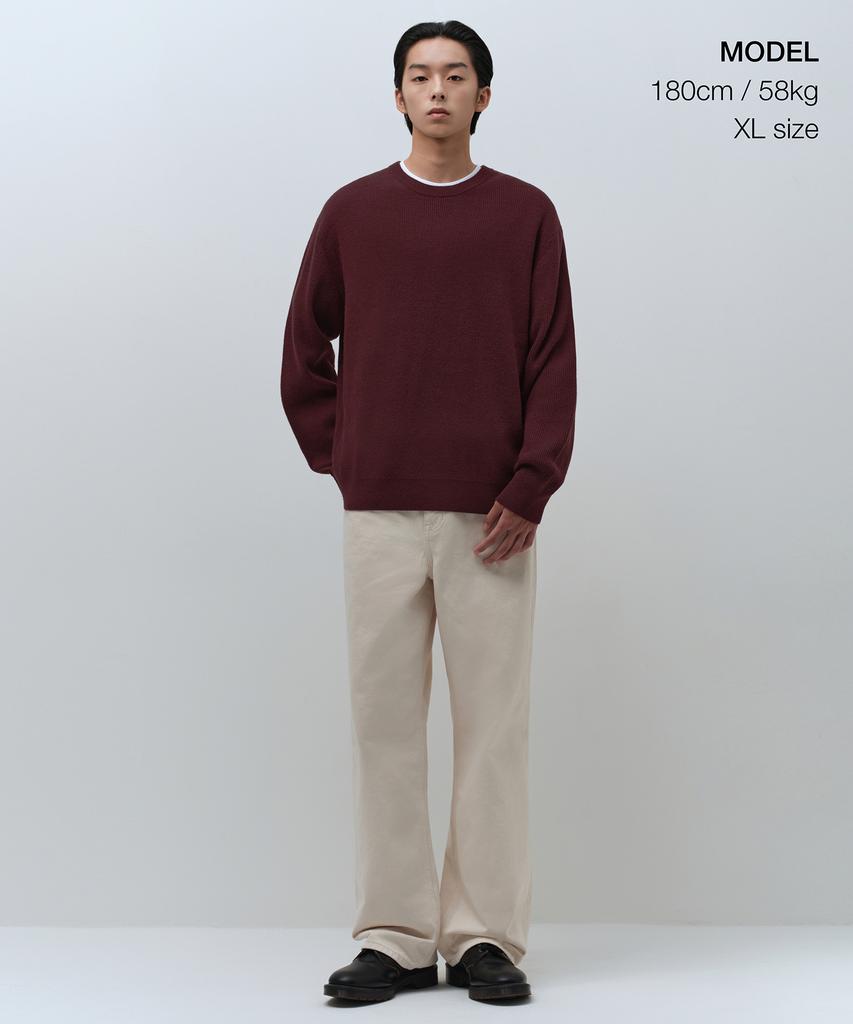 Musinsa Standard [Victoria Wool] Минималистичный вязаный джемпер в рубчик с круглым вырезом [Бордовый]