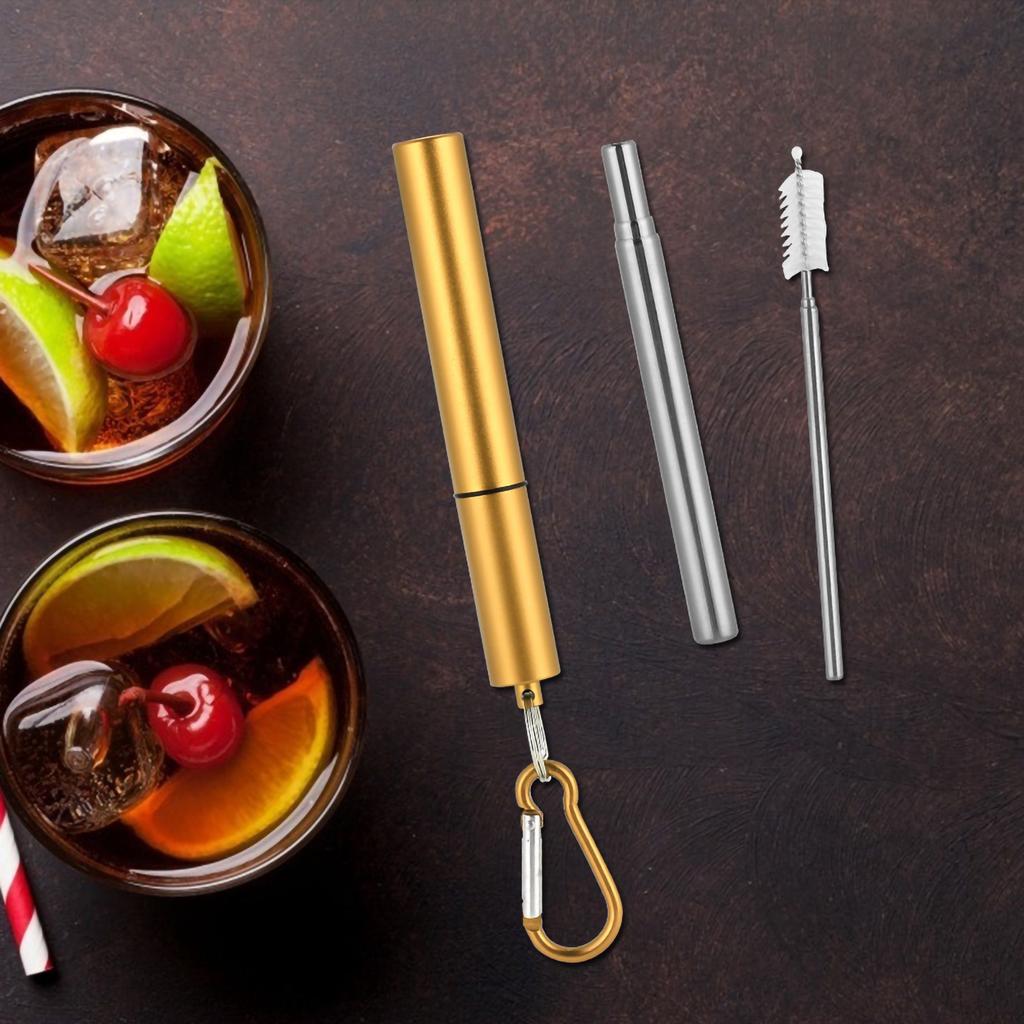Выдвижной многоразовый комплект из нержавеющей стали(Золотой алюминиевый корпус соломинка + карабин с щеткой )