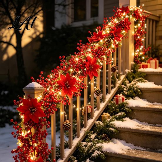 Artificial Red Berry Vine Christmas Poinsettia Garland 100cm for Flexible Decorative Rattan Front Door Wall Hanging Decoration Festive Holiday Home