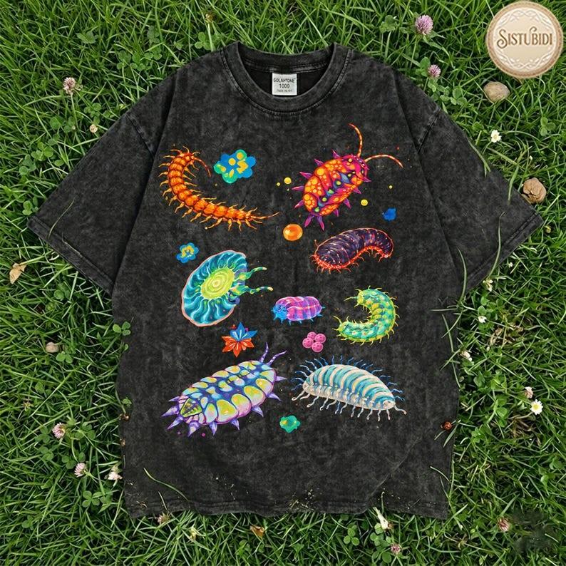 Vintage Isopod Shirt, Colorful Bug Graphic Tee, Aesthetic Entomology Washed Tee
