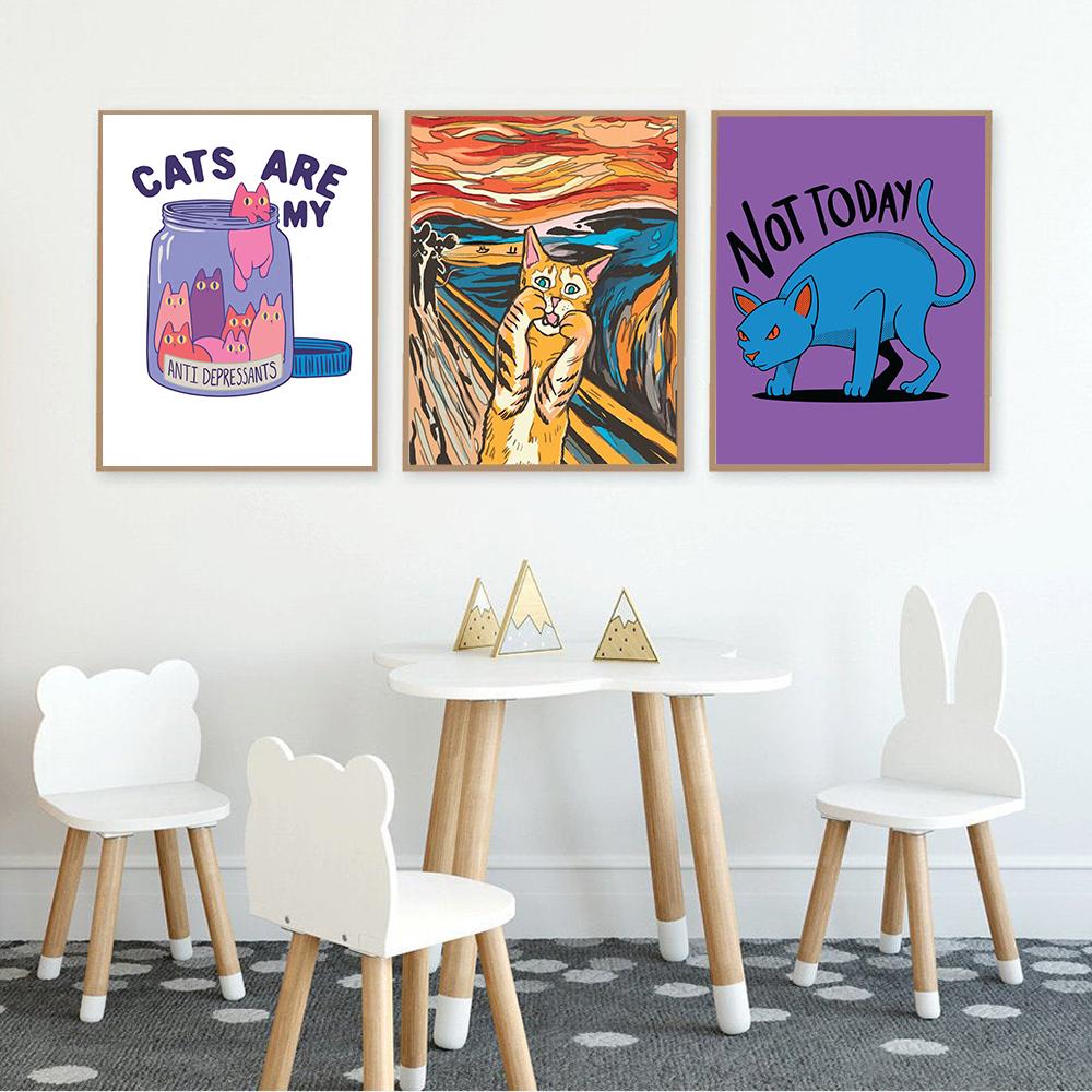 Мрачная татуировка кота на красном солнце, холст, картина, забавный милый кот, самурай, плакат с принтом, детская кровать, домашняя комната, настенное художественное украшение, фотографии