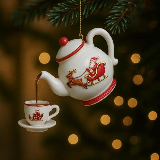 Винтажный чайник и чайная чашка Рождественское украшение со снежинкой