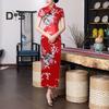 Women Dress Chinese National Style Floral Print Stand Collar Short Sleeves High Side Split Chinese Knot Buttons Cheongsam Satin Silky Slim Fit Summer