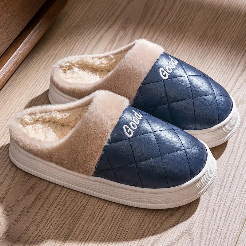 WTEMPO Женские и мужские уличные домашние спальные туфли на плоской подошве с нескользящей подошвой, большие размеры, тапочки из искусственной кожи для пар, зимние теплые плюшевые тапочки