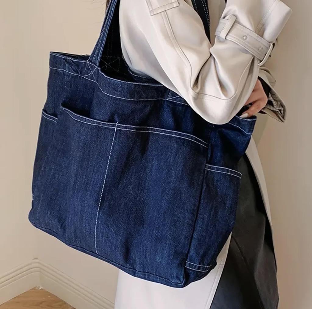 Denim Tote PC Lots of Canvas [Eclairage] Bag, Jeans, Casual, Shopping, Commuting, School, Bag, Unisex, Plain, Pockets, (Indigo Blue)