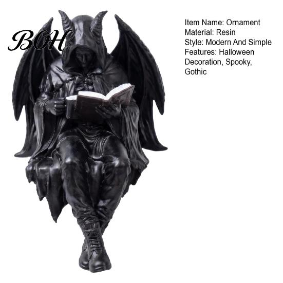 Skeleton Desktop Decor Halloween Reading Book Figurine, Spooky Devil Resin Sculpture, Gothic Winged Sculpture Black Robe Grim Reaper Statue