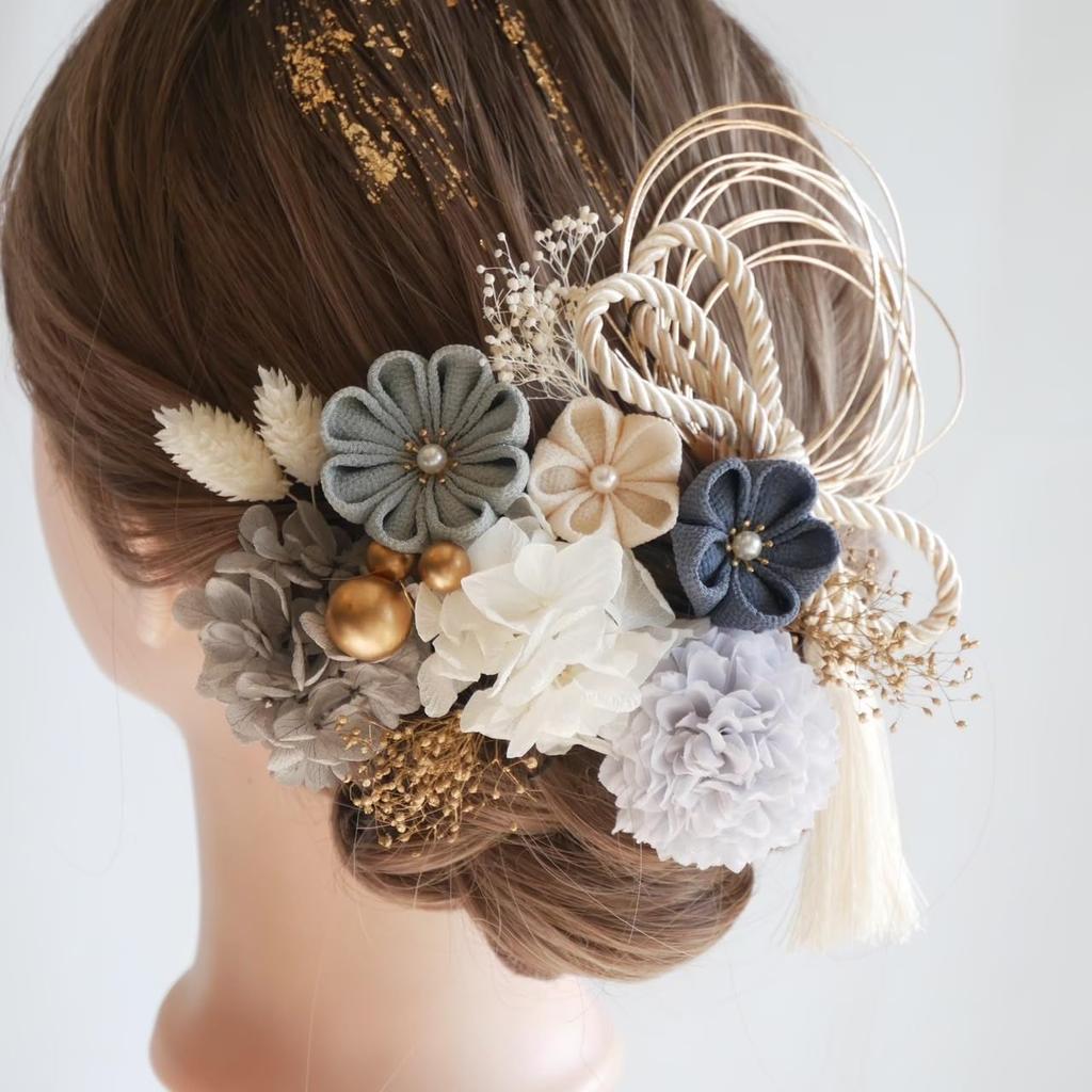 Lomeri In 8 Hair Ornament Set Tsumami Crafts Crepe Coming of Age Ceremony Graduation Ceremony Wedding Furisode N3 [Available Colors] 14-piece (Gray)