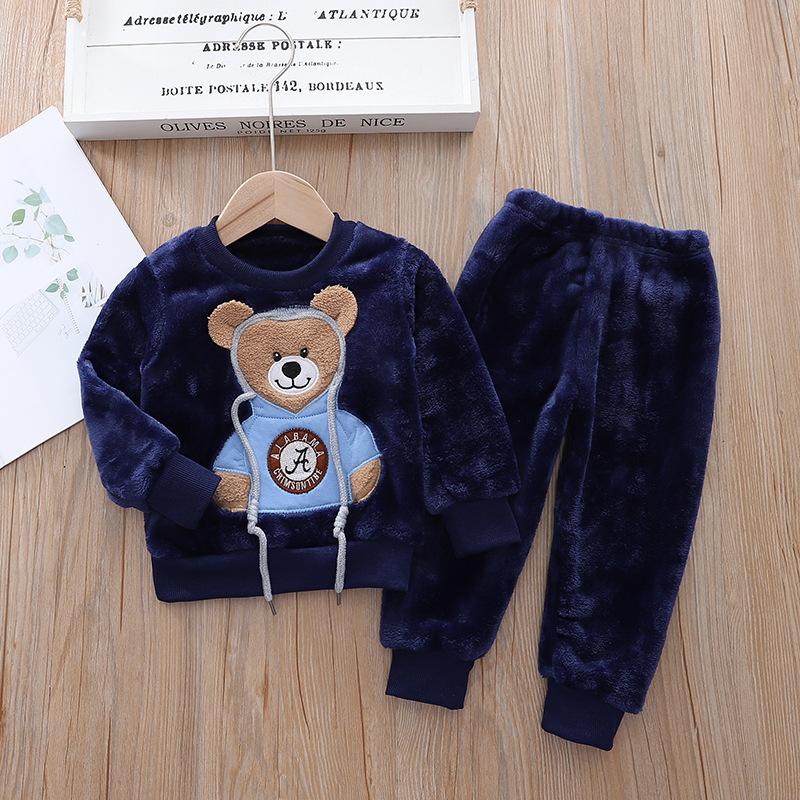Children's Autumn and Winter Pajamas with Cartoon Bear Flannel Set of Home Clothes