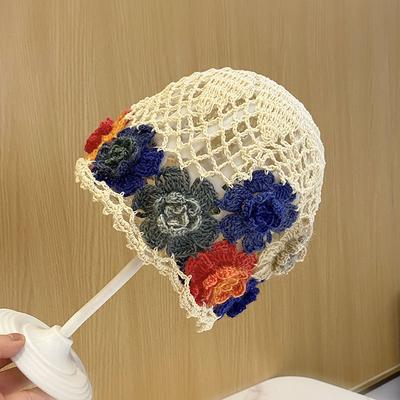 Тюрбан ручной вязки крючком в японском стиле для женщин Элегантная мода 3D Красочный цветок Шапка пуловер Летняя ажурная дышащая шапочка