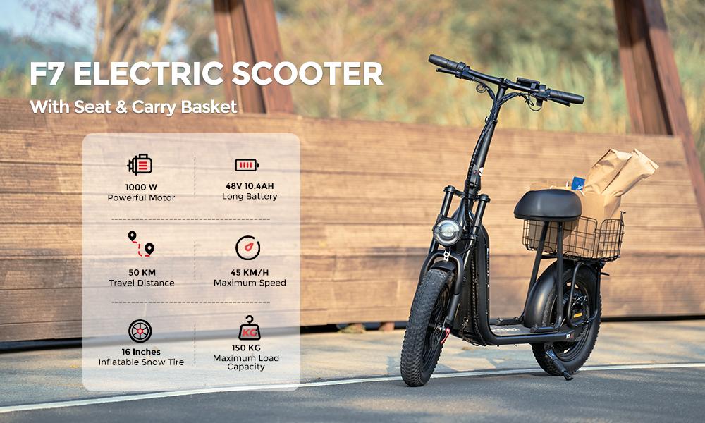iScooter Электросамокат F7, двигатель 1000 Вт, аккумулятор 10,4 Ач, 16-дюймовые пневматические шины для снега, максимальная скорость 25 км/ч, запас хода 64-72 км, взрослые электросамокаты