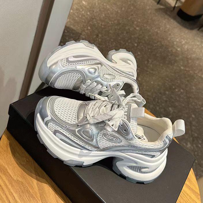 Чжао Рут серебристые кроссовки на высокой платформе в стиле папа, женские дышащие сетчатые легкие повседневные новые спортивные туфли
