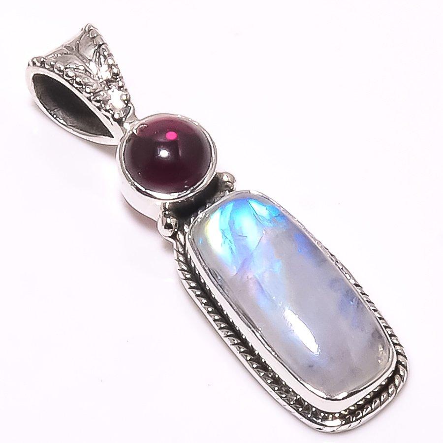 Подвеска из чистого серебра 925 пробы с натуральным радужным лунным камнем и гранатом 1,30 дюйма c6O98