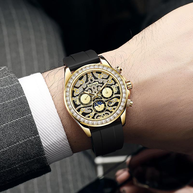 Dulunwe Мужские золотые роскошные часы с бриллиантами Tiger Texture Moon Phase механические автоматические часы ретро татуировка циферблат наручные часы из нержавеющей стали