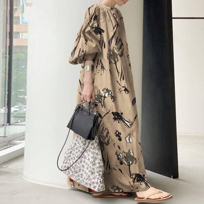 Хлопково-льняное платье макси с V-образным вырезом 2025 - Повседневный свободный крой